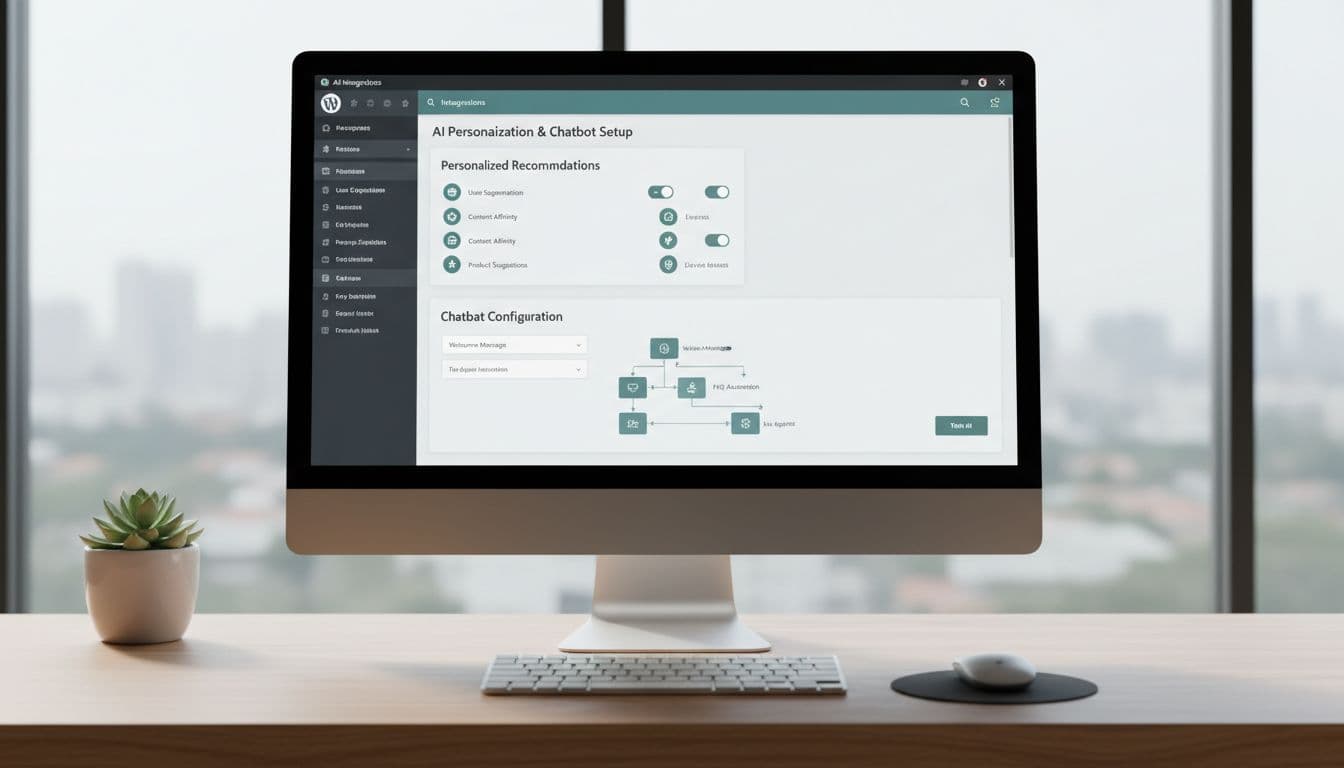 WordPress backend interface displaying AI plugin integration for easy setup of personalized recommendations and chatbots, shown on a clean professional office desk with a single monitor and soft lighting in realistic style.