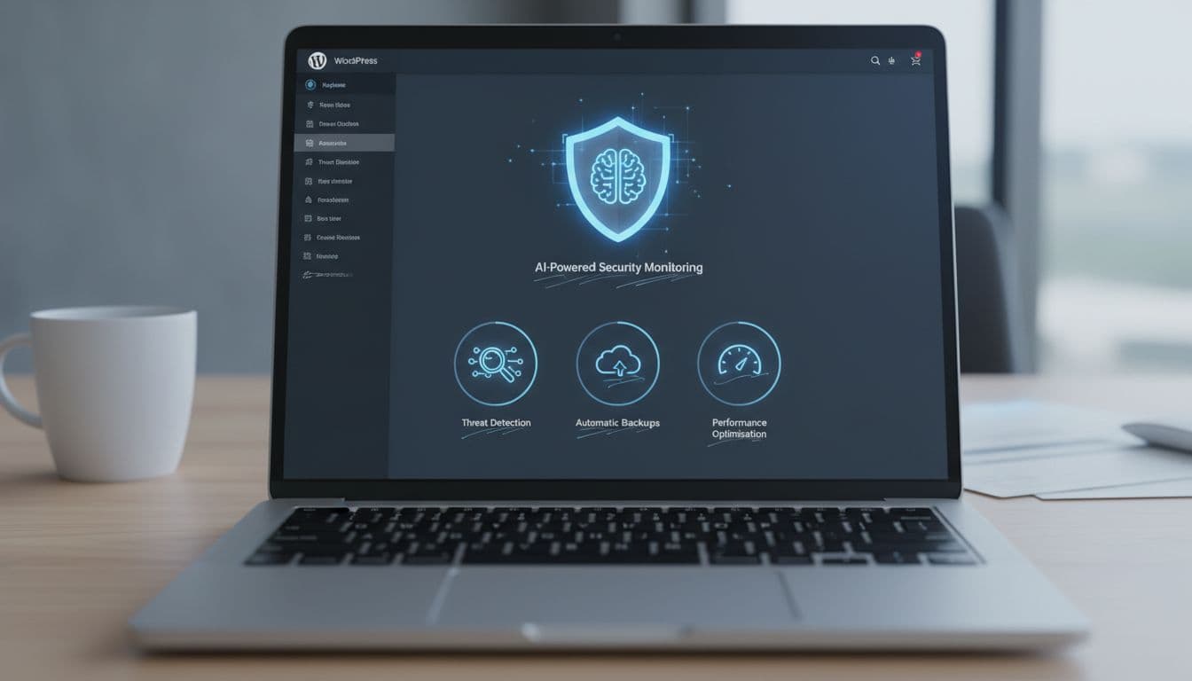 WordPress admin dashboard on a laptop screen showcasing AI-driven security monitoring with icons for threat detection, automatic backups, and performance optimization, featuring a clean modern UI on a desk with coffee mug and soft blue lighting.