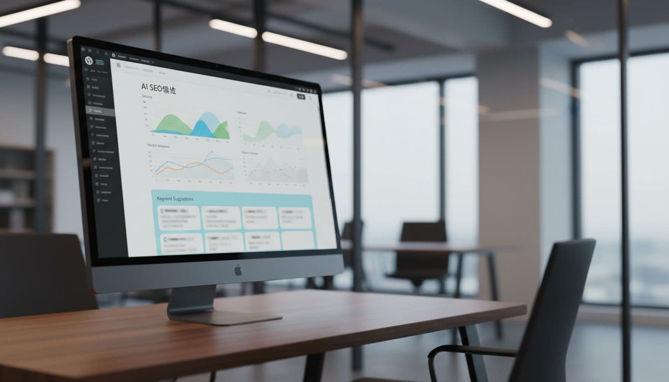 Realistic side view of a large monitor in a professional office setup displaying WordPress admin dashboard analytics with AI SEO graphs and highlighted keyword suggestions, ambient lighting, no people or readable text.