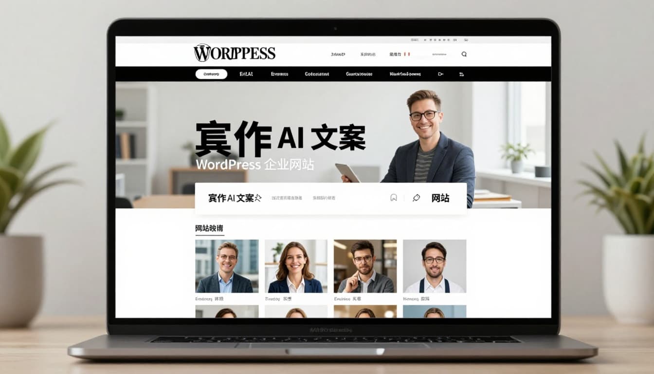 WordPress admin interface on a laptop in an office displays AI-generated corporate website content page with title and paragraphs in a clean, professional realistic style under natural light.