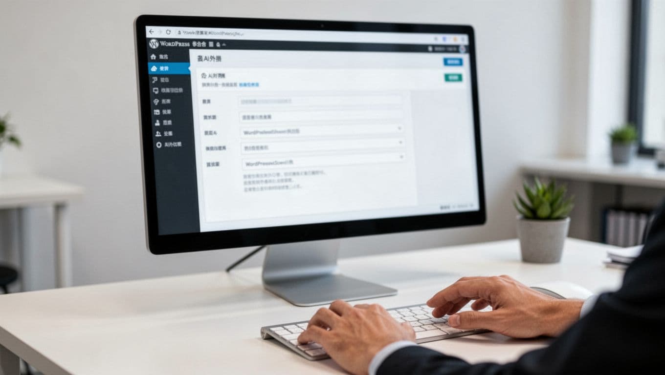 Clean professional office desk with computer screen showing blurred WordPress admin panel for AI plugin settings, hands touching mouse, soft lighting, no text, watermarks or logos.