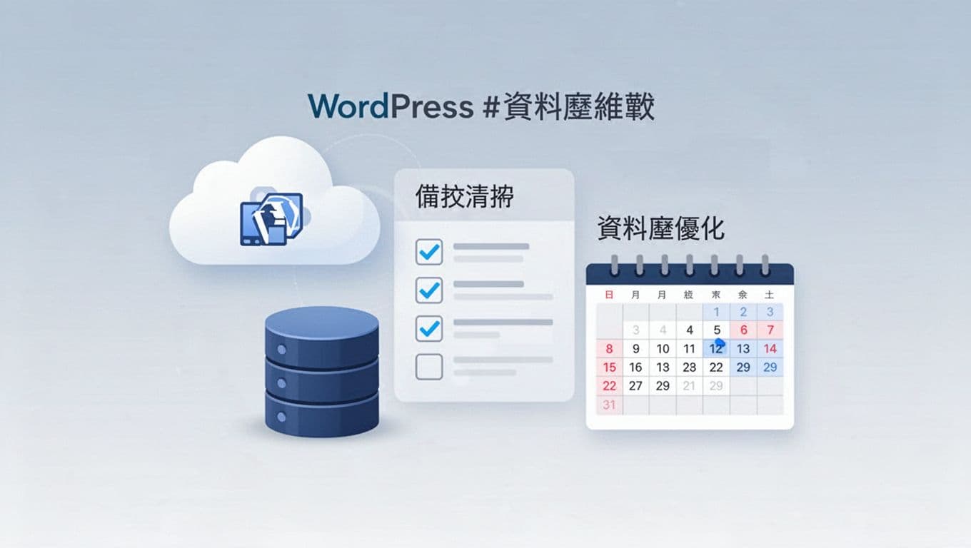 A clean modern infographic illustrating WordPress backup and database maintenance elements, featuring cloud backup icons, database cylinders, checklists, monthly calendars, and update symbols in flat design on a soft blue-gray gradient background with ample white space.