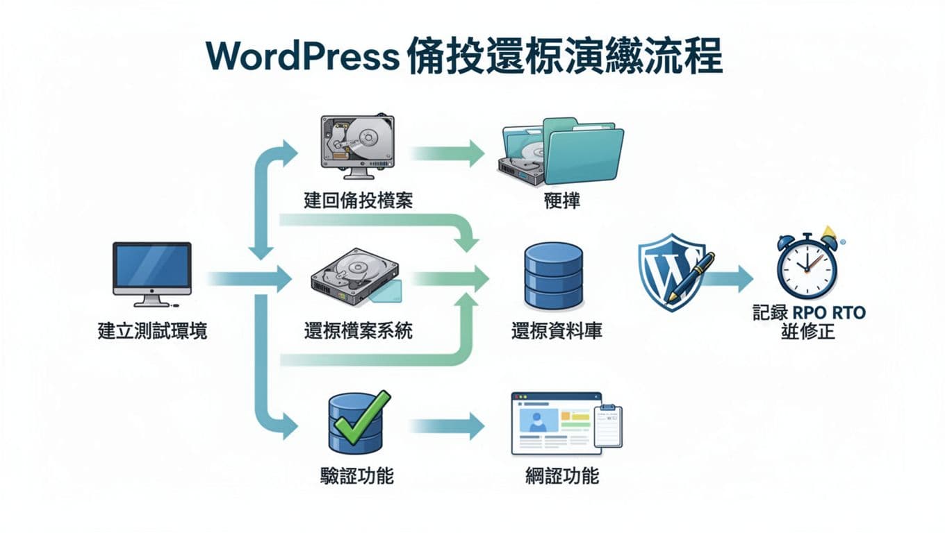 WordPress 備份怎麼做才安全, 3-2-1 備份策略與還原演練 (WordPress 備份還原) 乾淨扁平化設計的16:9資訊圖表,展示WordPress備份還原演練的6步驟垂直流程圖,使用藍綠配色與圖示。