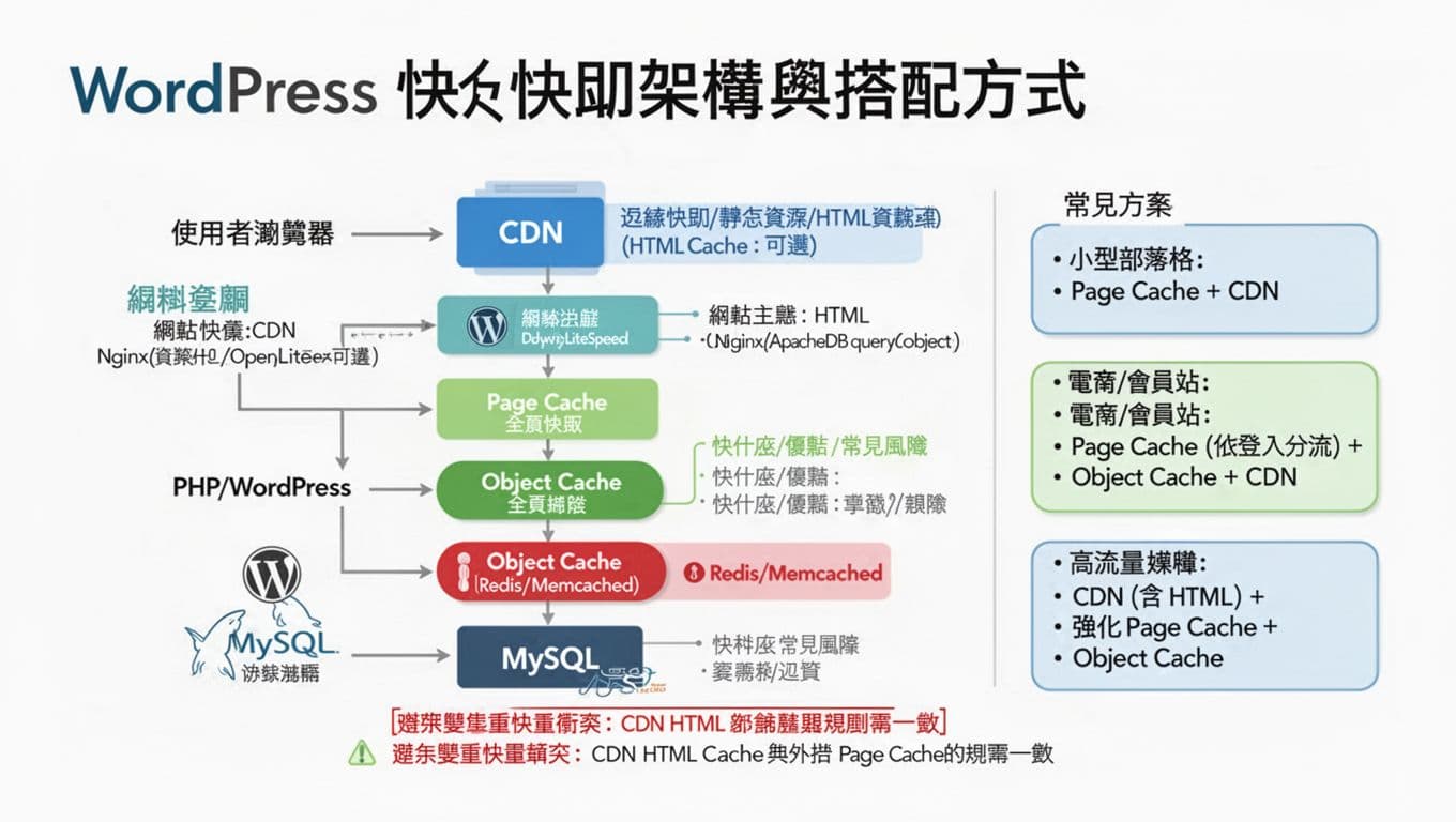 A 16:9 infographic illustrating WordPress cache architecture flowchart from browser to MySQL, highlighting CDN, Page Cache, Object Cache layers with benefits, risks, common schemes, and conflict avoidance tips in clean flat vector style.
