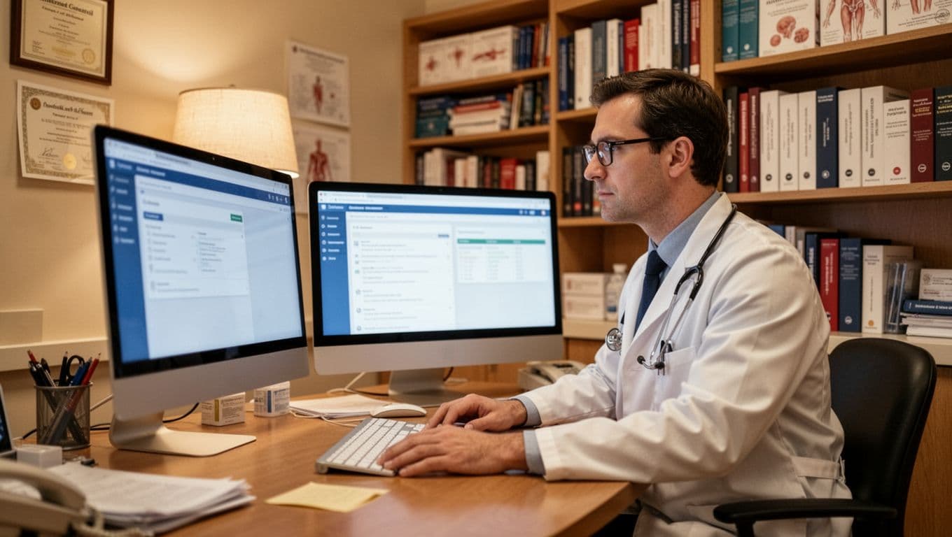 A doctor wearing glasses views a blurred WordPress backend dashboard displaying appointment plugin settings on a computer screen in a cozy clinic office with medical bookshelves, warm lighting, and realistic photography style.