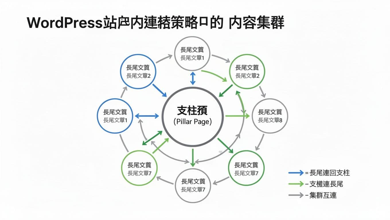 極簡專業風格的教學資訊圖表,中央大圓為支柱頁,周圍環繞長尾文章,使用藍綠灰箭頭展示內部連結方向,並附圖例說明。