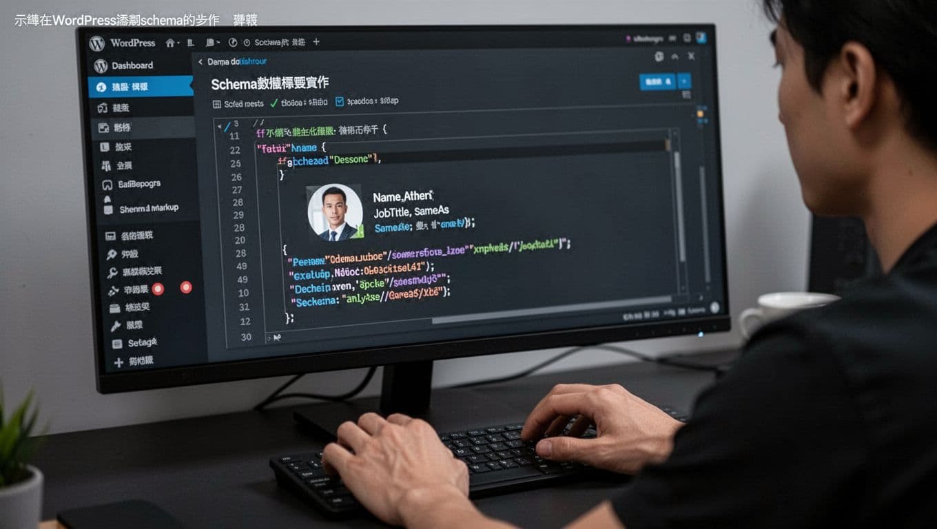 WordPress dashboard with Schema markup code editor open, developer adding Person schema for author including name, jobTitle, and sameAs links. Modern dark theme interface, single screen view with hands on keyboard and focused composition.