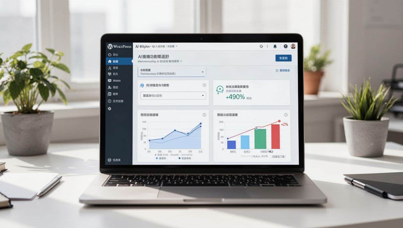 WordPress dashboard on a computer screen in a bright workspace, displaying membership plugin interface with AI recommendation settings and graphs showing reduced churn rates. Clean modern UI aesthetic with natural lighting, centered laptop, no people or readable text.