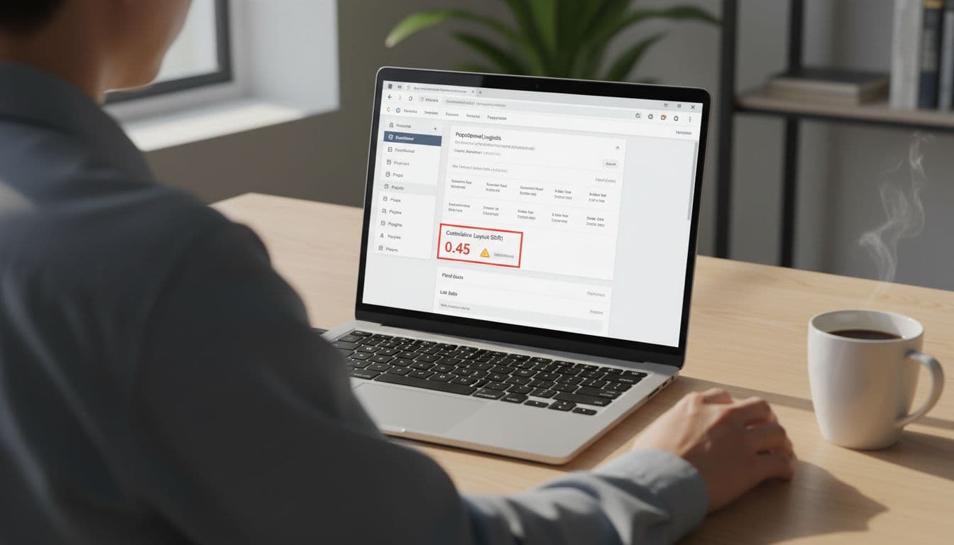 A laptop screen displays a clean WordPress website dashboard featuring a PageSpeed Insights report with a high CLS score highlighted, set on a desk with a coffee mug nearby and viewed by one person in natural daylight.