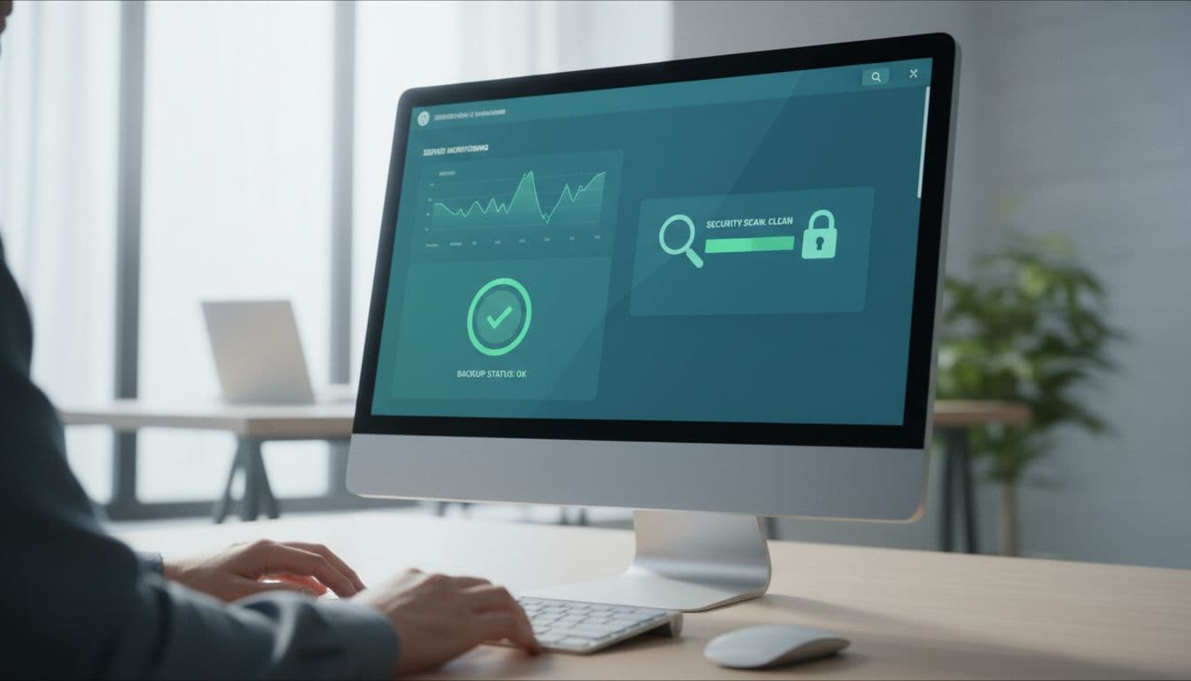 Desktop screen showing a clean WordPress admin dashboard with server monitoring charts, green backup status indicator, clean security scan results, and a security lock icon. Blurred office background features one hand lightly on the keyboard, in modern blue-green tones and realistic style.
