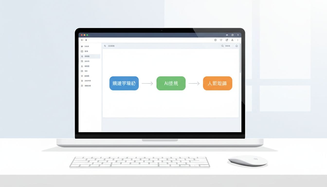 Laptop screen shows WordPress editor with flowchart icons for keyword input, content generation, and editing steps; simple top toolbar, desk with mouse and keyboard.