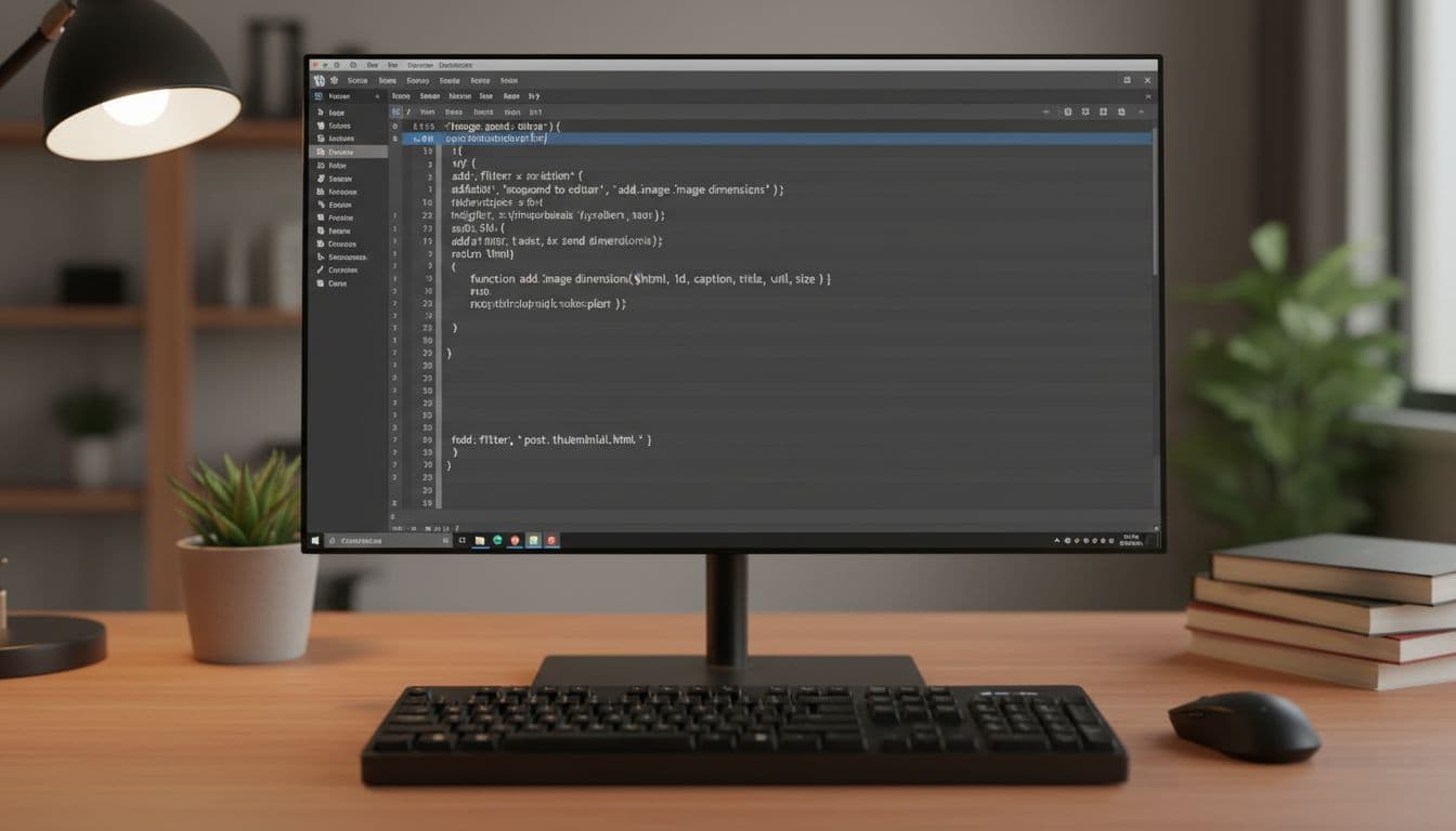 Realistic photo of a desktop screen in a cozy office showing WordPress code editor open in functions.php with a blurred snippet adding width and height attributes to images, keyboard and mouse nearby, soft lighting.