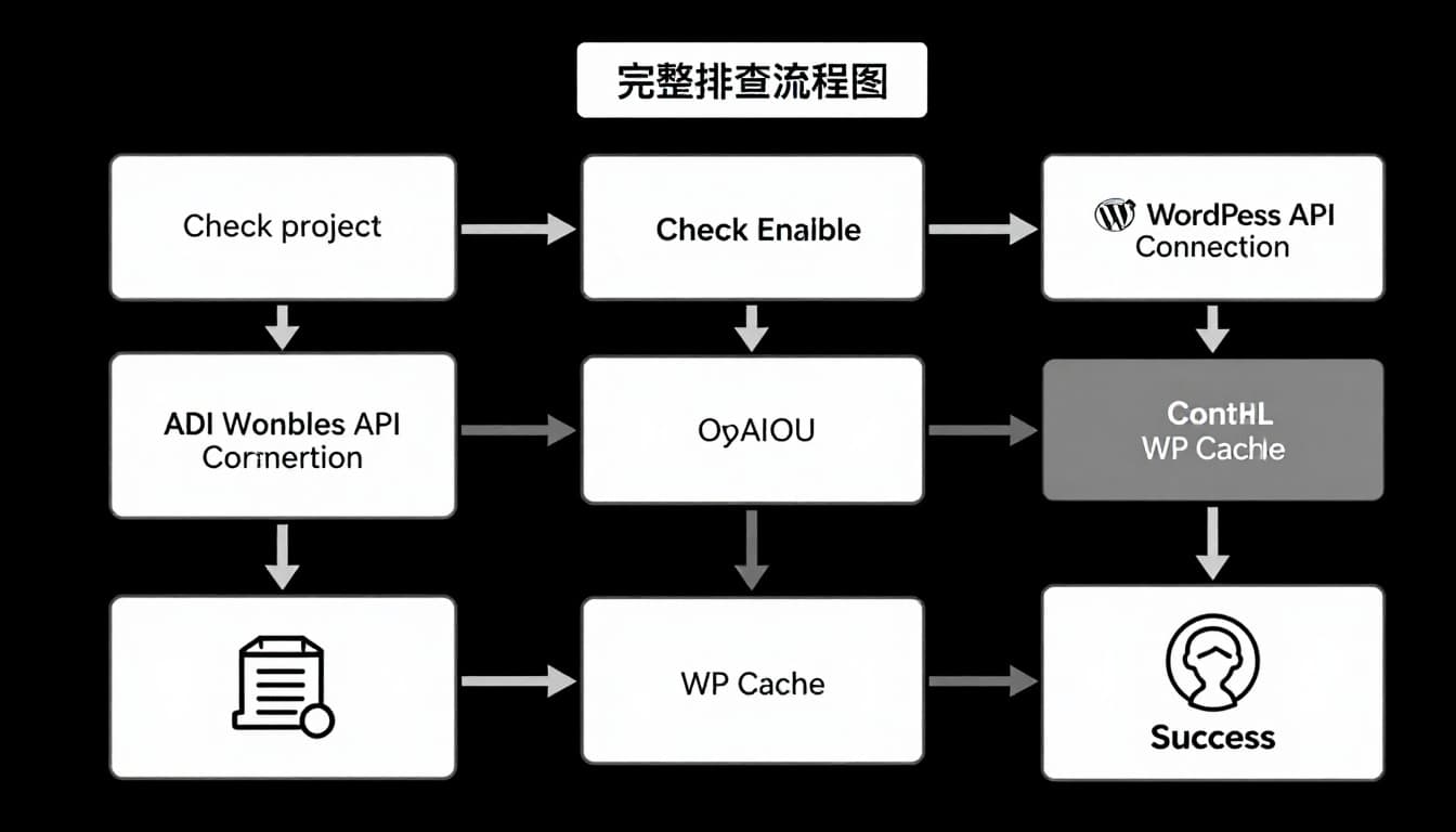 Professional flowchart diagram showing step-by-step troubleshooting for WordPress Google API connection issues, from project check and API enablement to credentials, OAuth, cache clearance, and success.