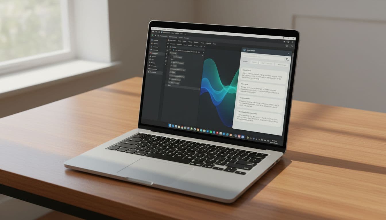 Photorealistic top-down angled view of a single laptop on a wooden desk in a bright home office, screen displaying WordPress Gutenberg editor with AI content generation panel and text blocks, natural window light, no people, hands, text, watermarks, or extra devices.