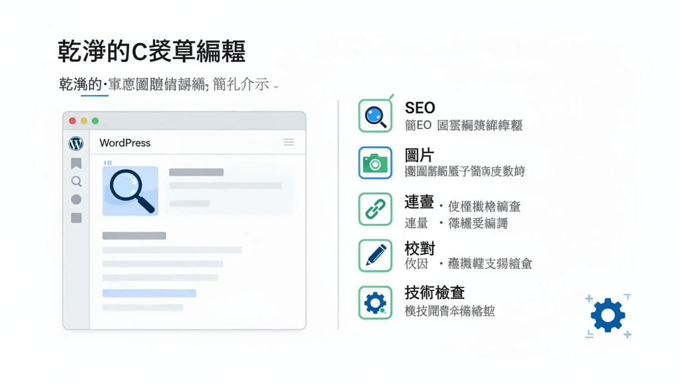 乾淨的 checklist 資訊圖表風格，左側簡化 Gutenberg 編輯器介面，右側勾選清單分區：SEO、圖片、連結、校對、技術檢查，每區輔以圖示，扁平極簡白底藍綠設計。
