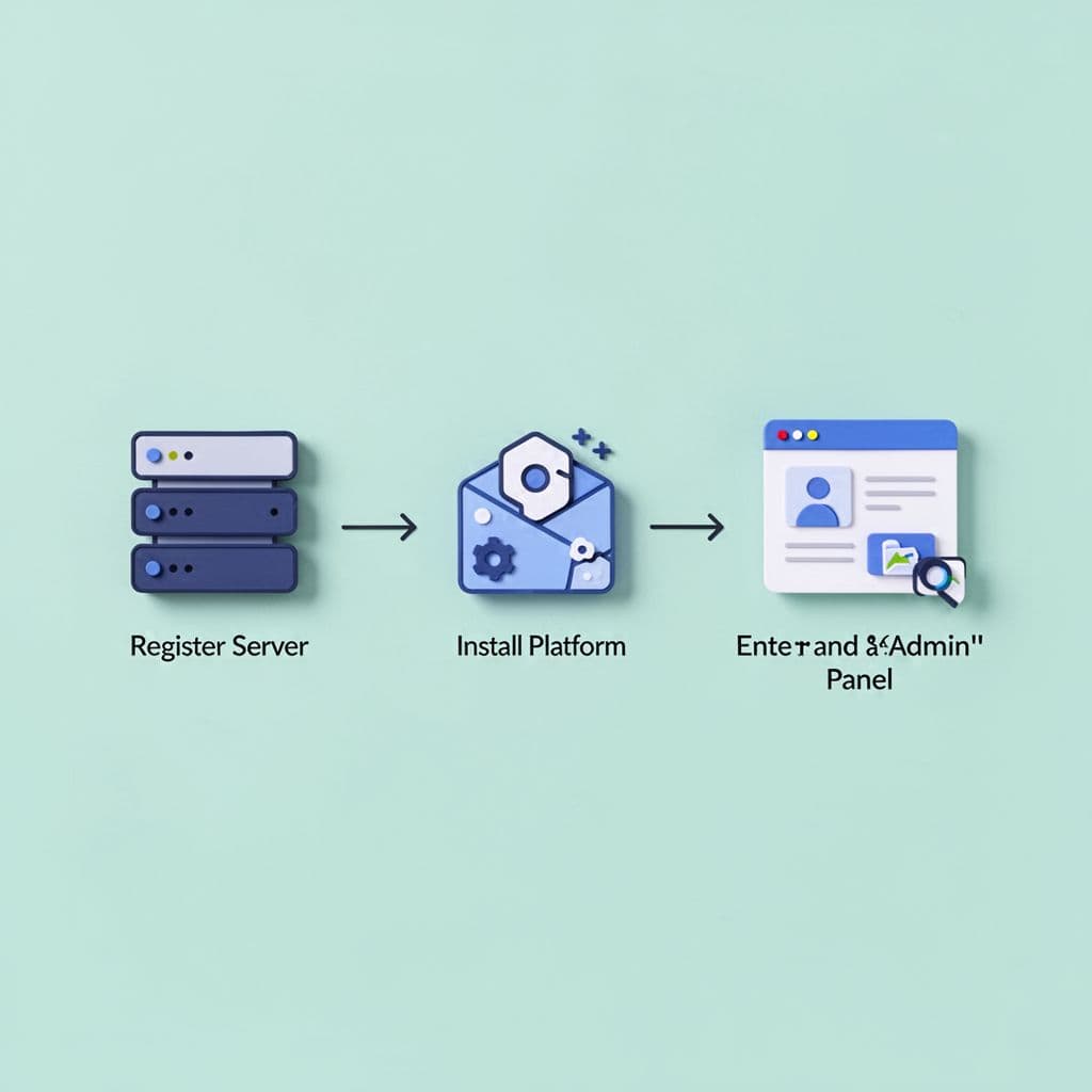 Flat icons connected by arrows show steps from hosting signup to admin login.