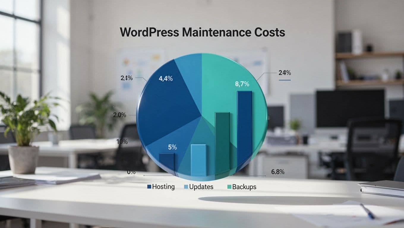 Pie chart shows WordPress maintenance costs for hosting, updates, and backups in blue-green tones on faded office background.