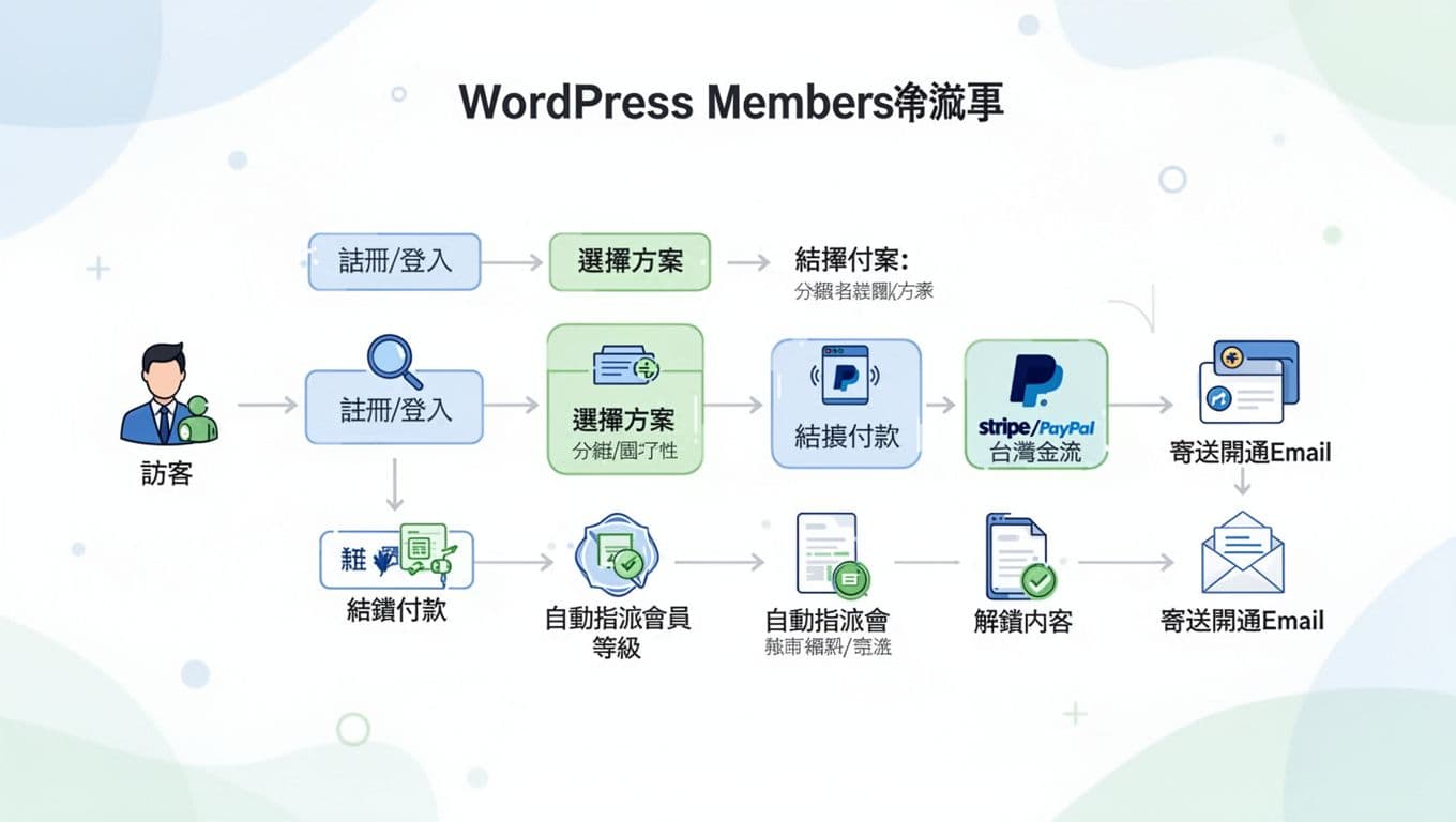 Clean flat vector illustration on white background showing a single-path membership activation flowchart for WordPress sites, from visitor to register/login, plan selection (tiered/subscription/one-time), payment, role assignment, content unlock, and activation email, with Traditional Chinese labels and simple icons.