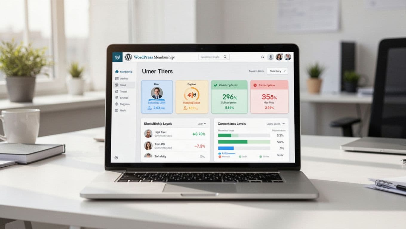 A clean dashboard of a WordPress membership site showing user tiers, subscription stats, and content access levels on a modern laptop screen in a bright office setting with soft natural lighting.