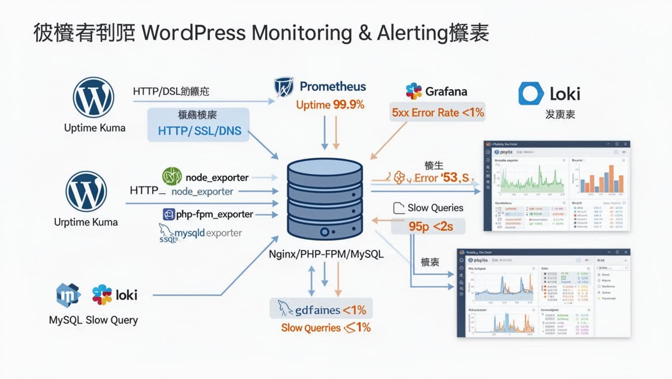 Clean, modern high-resolution technical diagram illustrating a WordPress server monitoring and alerting system using Uptime Kuma, Prometheus, Grafana, and Loki with Chinese labels. Key metrics include 99.9% uptime, 5xx error rate under 1%, and slow queries under 2 seconds, with alerts to Slack and Email.