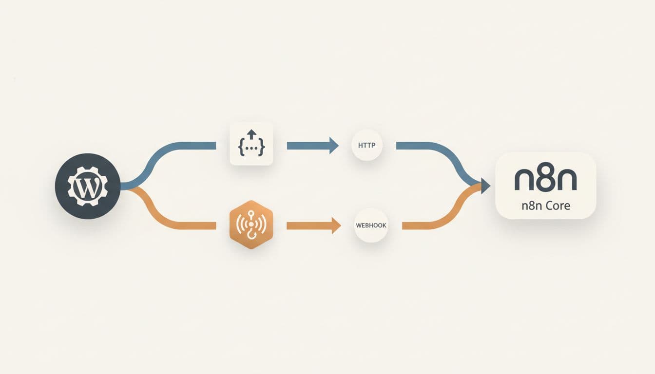 Simple flowchart depicting two paths for WordPress to n8n integration: REST API with HTTP Request node and Webhook with Webhook node, leading to n8n core, in professional infographic style with neutral colors.