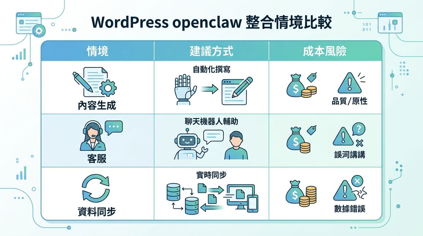Flat design table on white background with blue-green color scheme, featuring three columns: scenarios, recommended methods, and cost risks, represented by simple icons for content generation, customer service, and data synchronization. No detailed text, only titles, no watermark.