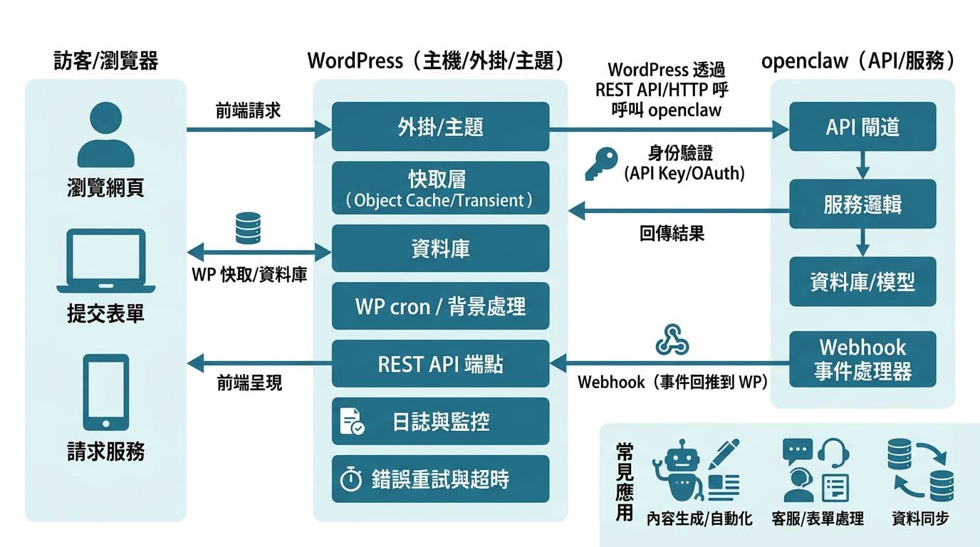 乾淨扁平化向量資訊圖表，展示訪客請求經 WordPress 透過 REST API 呼叫 openclaw 服務的資料流程，包括身份驗證、Webhook、快取、日誌與錯誤處理，並附常見應用圖示。藍綠色系、白底設計，中文標註。