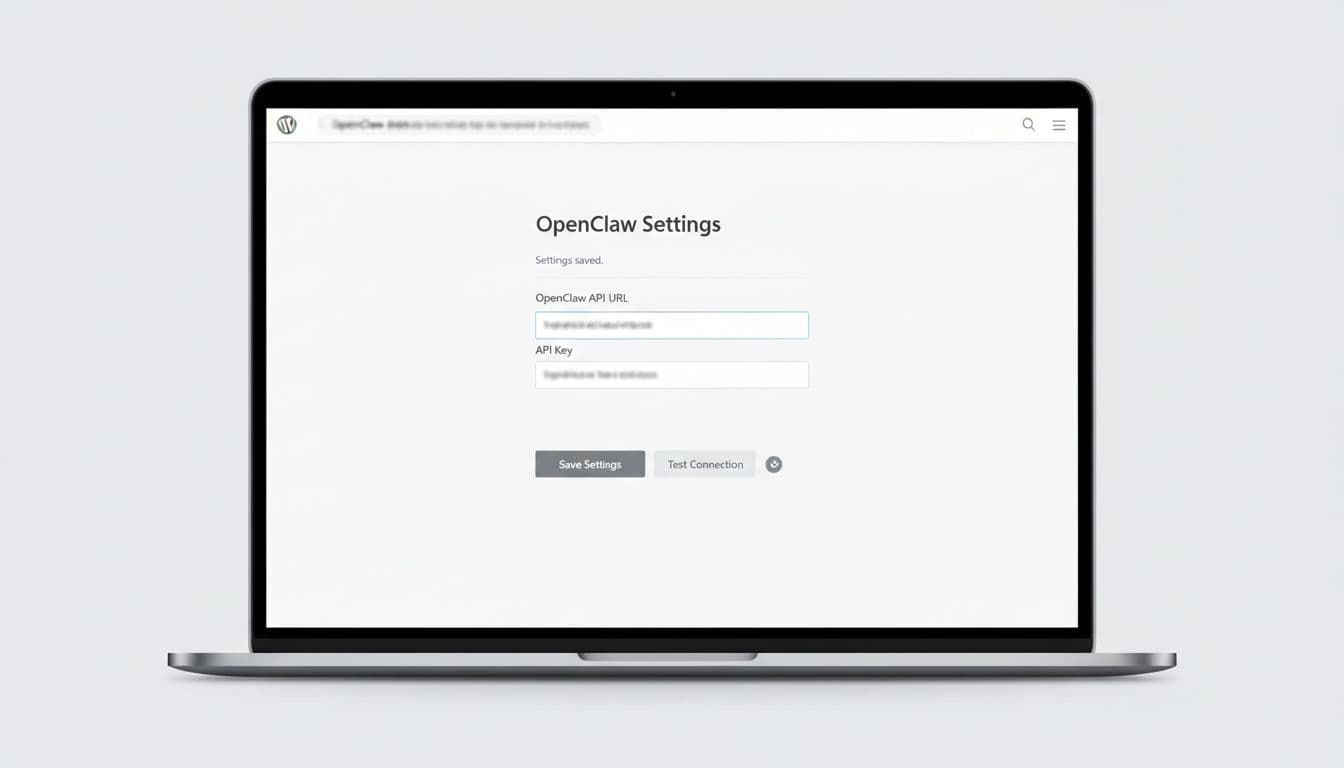 WordPress admin dashboard displaying custom OpenClaw plugin settings page with input fields for API URL, API key, save settings, and test connection buttons in a modern flat design.