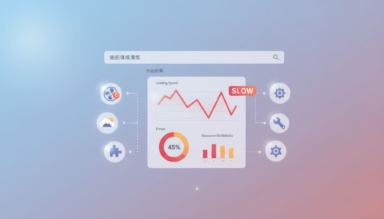 Illustration of a WordPress website dashboard featuring performance charts showing slow loading times and errors, surrounded by icons for tools like cache, images, and plugins in a simple digital interface.