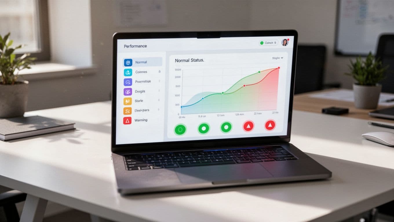 Laptop on modern desk shows dashboard with plugin list, performance charts, and green-red status lights.