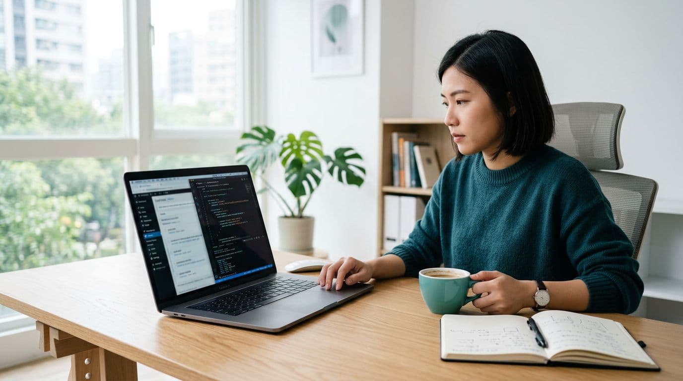 A realistic photo of a solo developer at a desk in a simple office, laptop displaying blurred WordPress backend and code editor, with coffee cup and notebook nearby, bright natural light in blue-green tones.