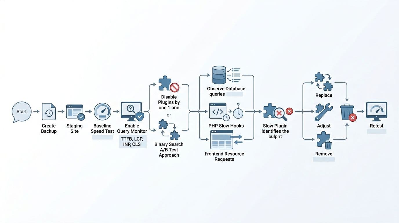 Clean flat UI infographic flowchart depicting the WordPress plugin health check process, including steps like creating backups, speed tests, disabling plugins, identifying culprits, and retesting on a white background with blue and gray colors.