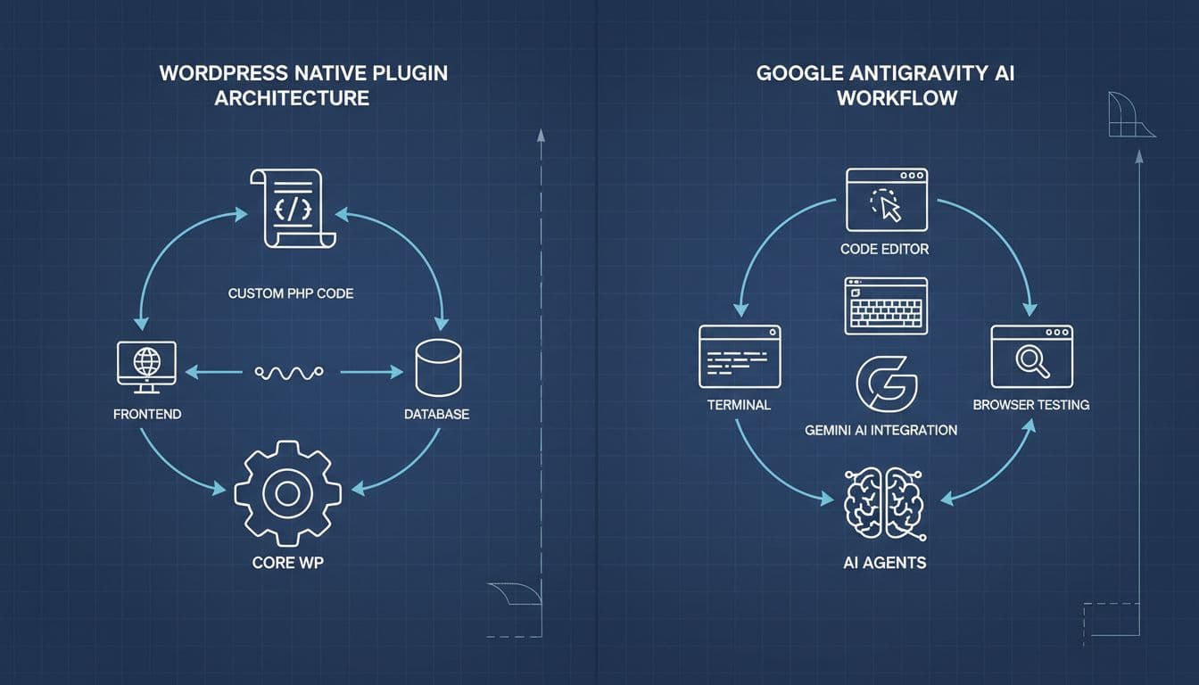 Side-by-side technical diagram contrasting WordPress native plugin architecture (core WP, PHP code, hooks, database, frontend) with Google Antigravity AI workflow (AI agents, code editor, terminal, browser testing, Gemini integration), using simple icons, arrows for data flow, in clean blueprint style with soft blue lighting.