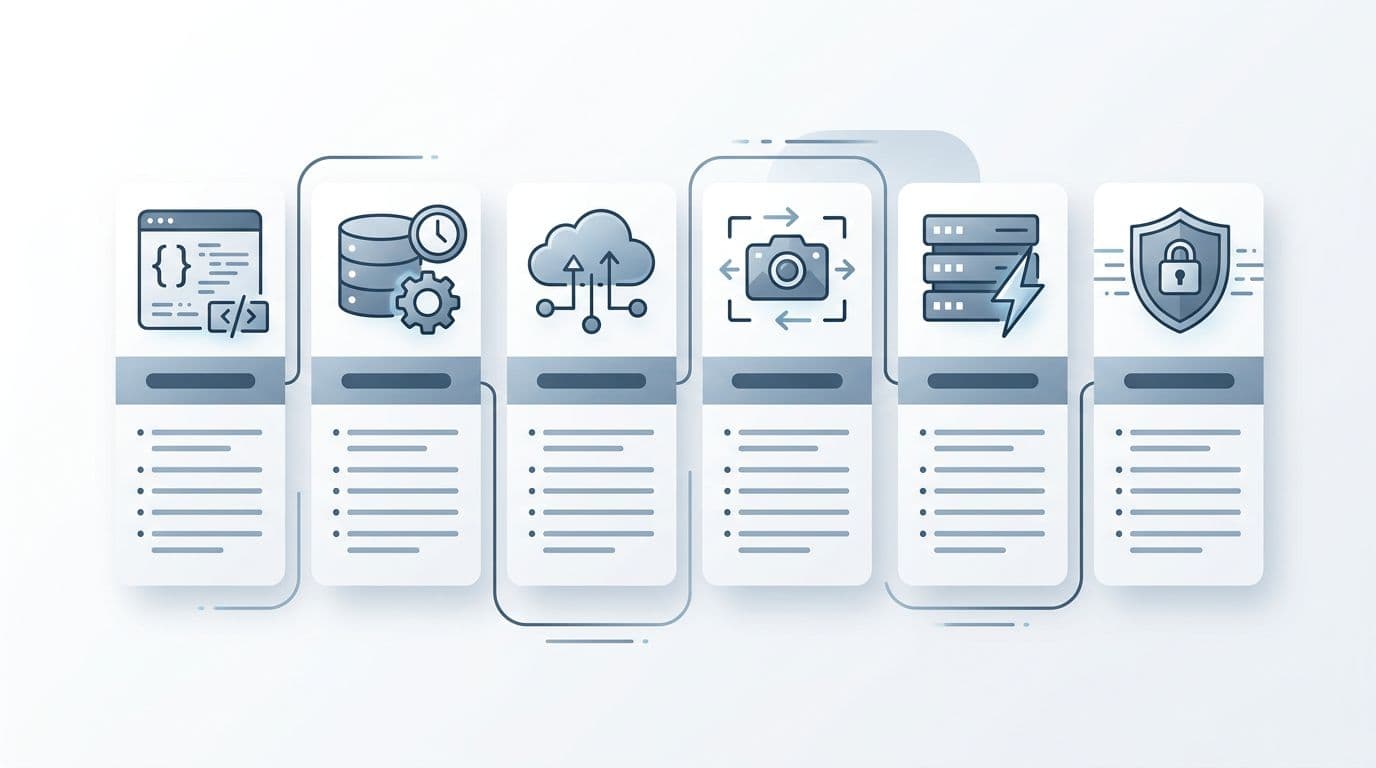 Clean flat UI infographic chart categorizing common WordPress plugins that slow site speed into frontend resources, database queries, external APIs, images, cache compatibility, and security plugins. Features central chart with icons in boxes on white background using minimal blue-gray colors.