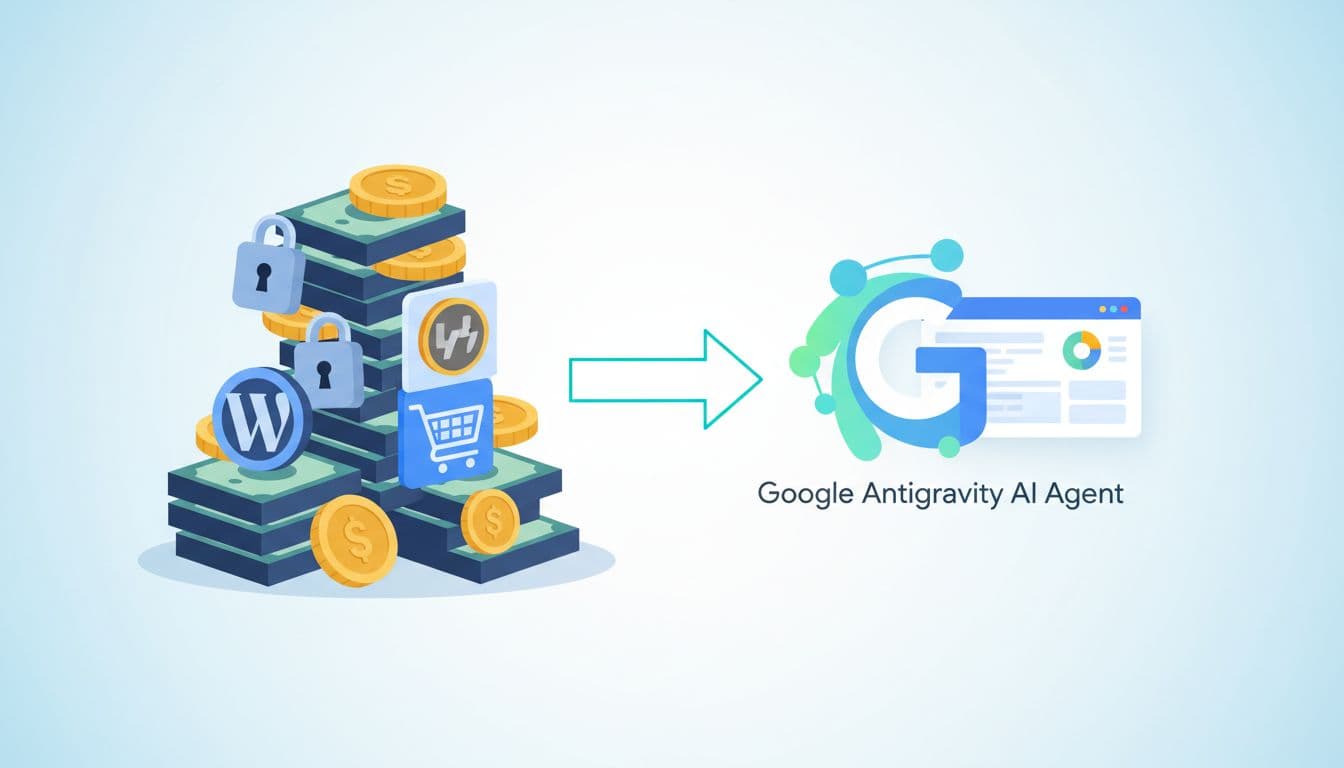 Flat tech-style illustration showing high-price WordPress plugins stacked like cash on the left contrasted with free Google Antigravity AI Agent on the right, connected easily with dashboard elements and a central replacement arrow in a clean modern SaaS blog tutorial style.