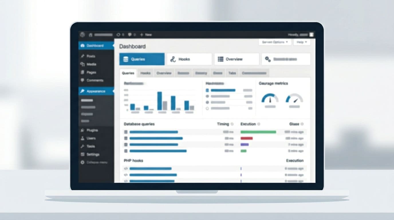 Illustration of a laptop screen showing the WordPress admin dashboard with Query Monitor plugin active and performance tabs open, in a clean flat UI style with white background and blue-gray accents.