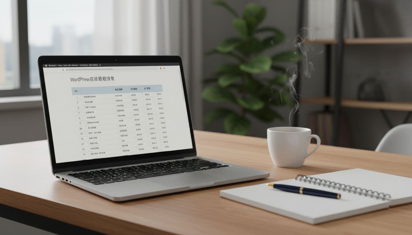 Realistic photo of a laptop screen displaying a WordPress website requirements list table on a professional office desk, with a notebook and coffee cup nearby, natural lighting, no people.
