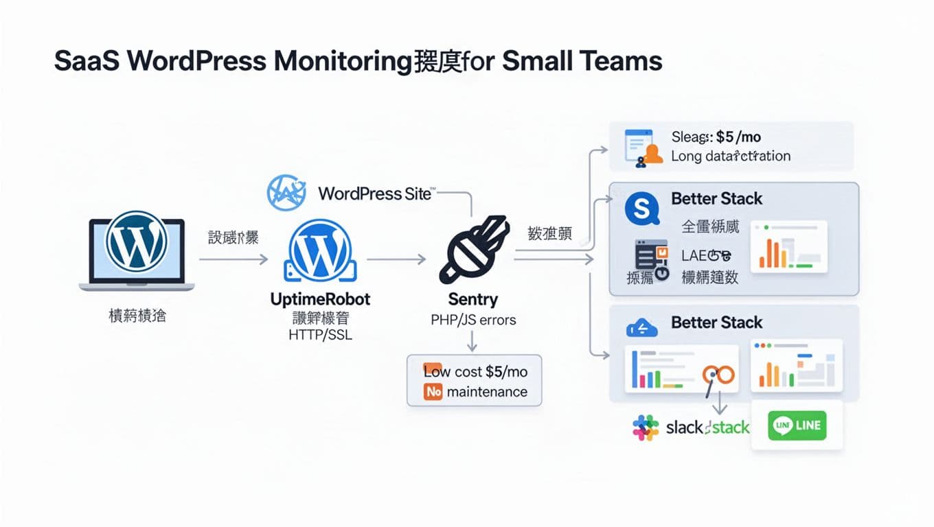 Clean, modern flat vector diagram illustrating WordPress monitoring with UptimeRobot for uptime/SSL, Sentry for errors, and Better Stack for logs/metrics/alerts to Slack/LINE. Features low cost ($5/mo), no maintenance, long data retention, using blue/gray/orange palette with Chinese labels on white background.