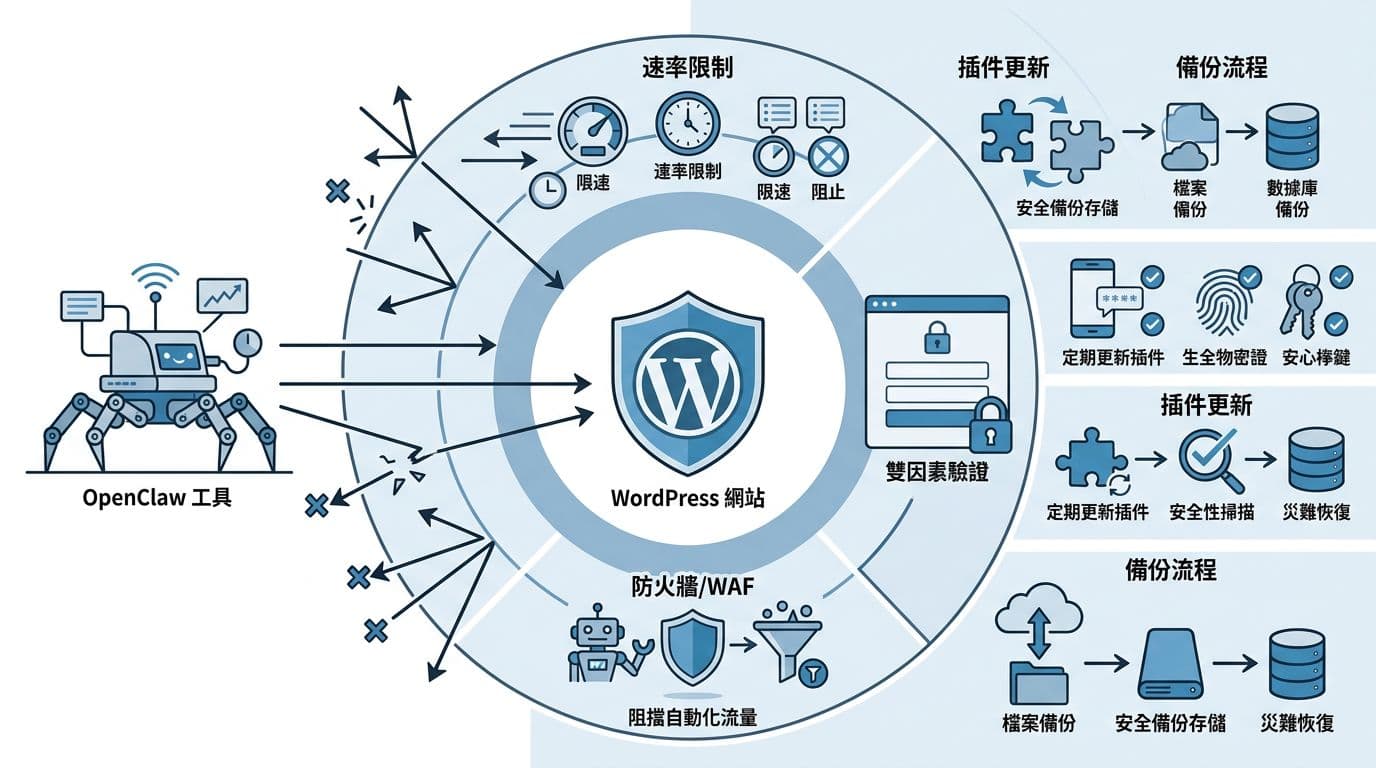 Clean flat vector diagram on white background depicting layered WordPress defenses against OpenClaw attacks, including firewall/WAF, 2FA, rate limiting, plugin updates, and backups, with failing penetration arrows and Chinese labels.