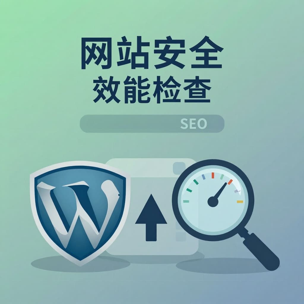 Modern flat dashboard infographic for WordPress site security and performance maintenance, with shield icon, speedometer, update arrows, SEO magnifier, and Traditional Chinese text 
