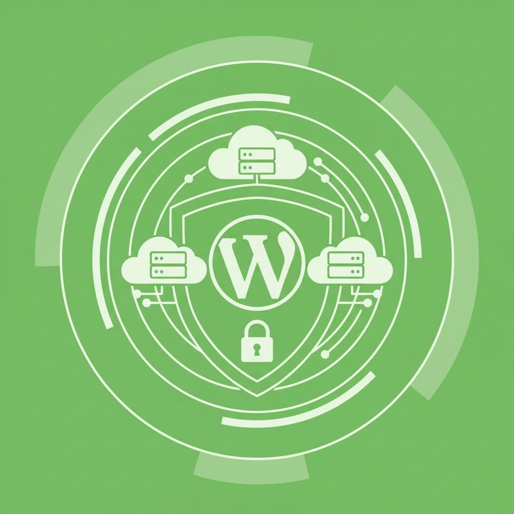 A protective shield icon encircles the WordPress site logo, set against a background of a padlock and cloud server in a simple, bright green vector illustration style.