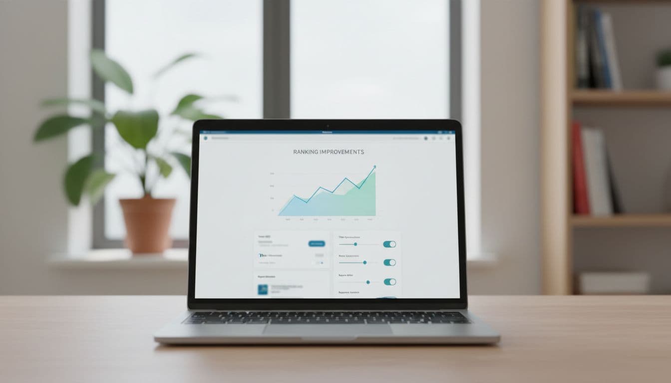 Laptop screen shows WordPress dashboard with SEO plugin settings and ranking graphs in simple office background.