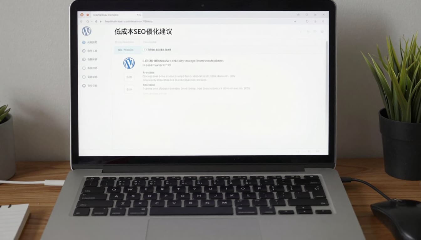 小預算網站增長術:創業初期也能做出高流量入口 Realistic illustration of WordPress admin dashboard displaying blurred SEO plugin settings screen on a desktop computer in a simple office environment with keyboard and mouse, natural light.