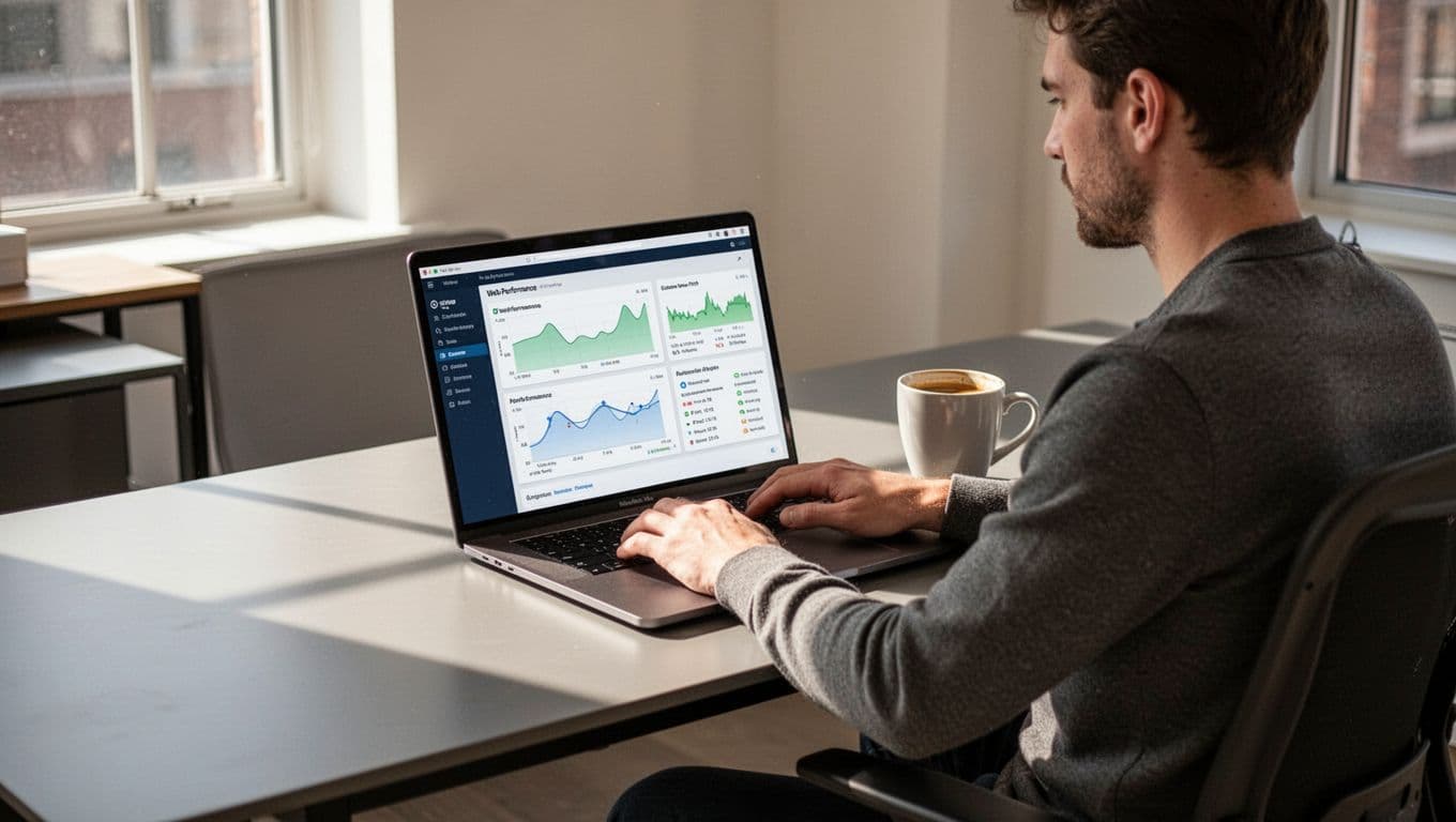 Laptop displaying speed test tool on clean desk with coffee mug, one person at keyboard in modern office.