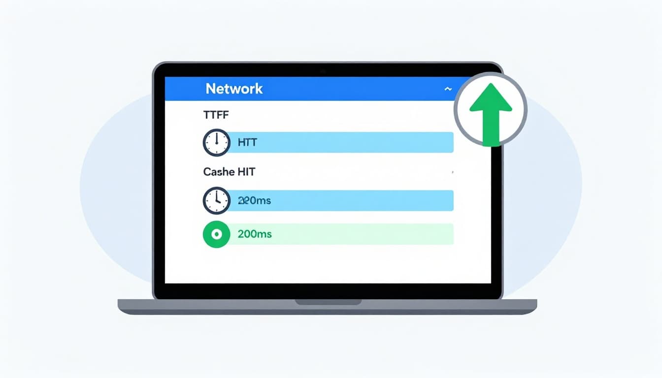 Clean flat vector illustration of a laptop screen displaying developer tools Network panel with TTFB and Cache HIT indicators, clock icon, and green upward arrow signifying speed improvement on a white gradient background.