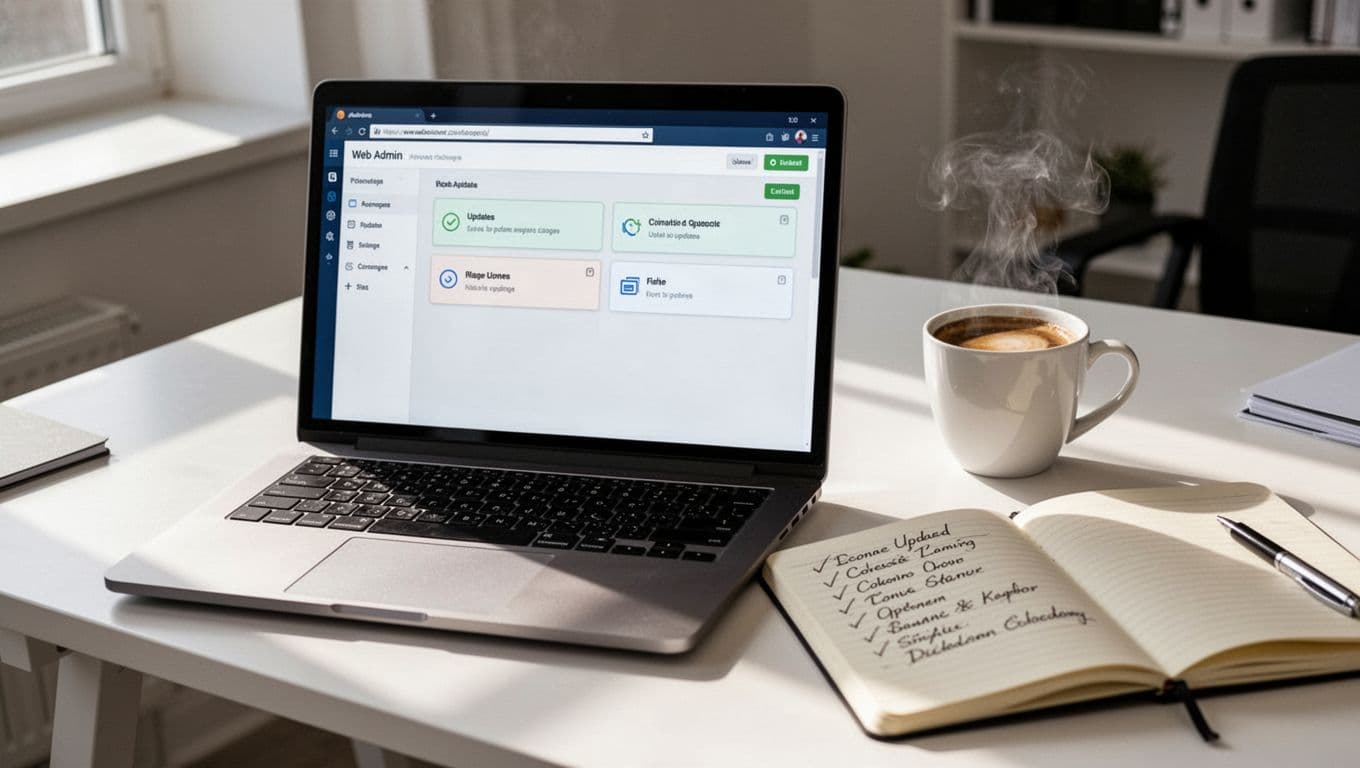 Laptop on office desk shows WordPress backend update page beside coffee cup and checklist notebook.
