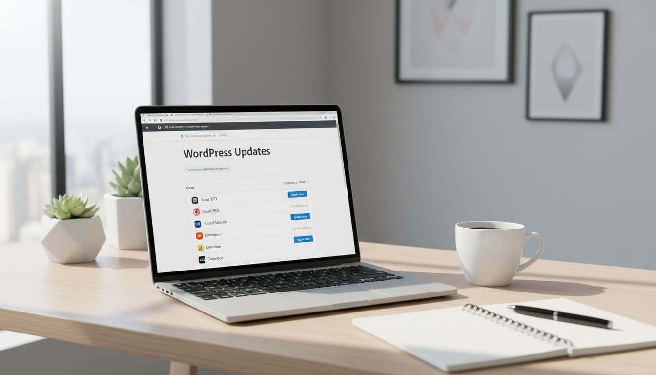 Laptop on desk displays WordPress backend update page with coffee cup and notebook nearby in bright office.