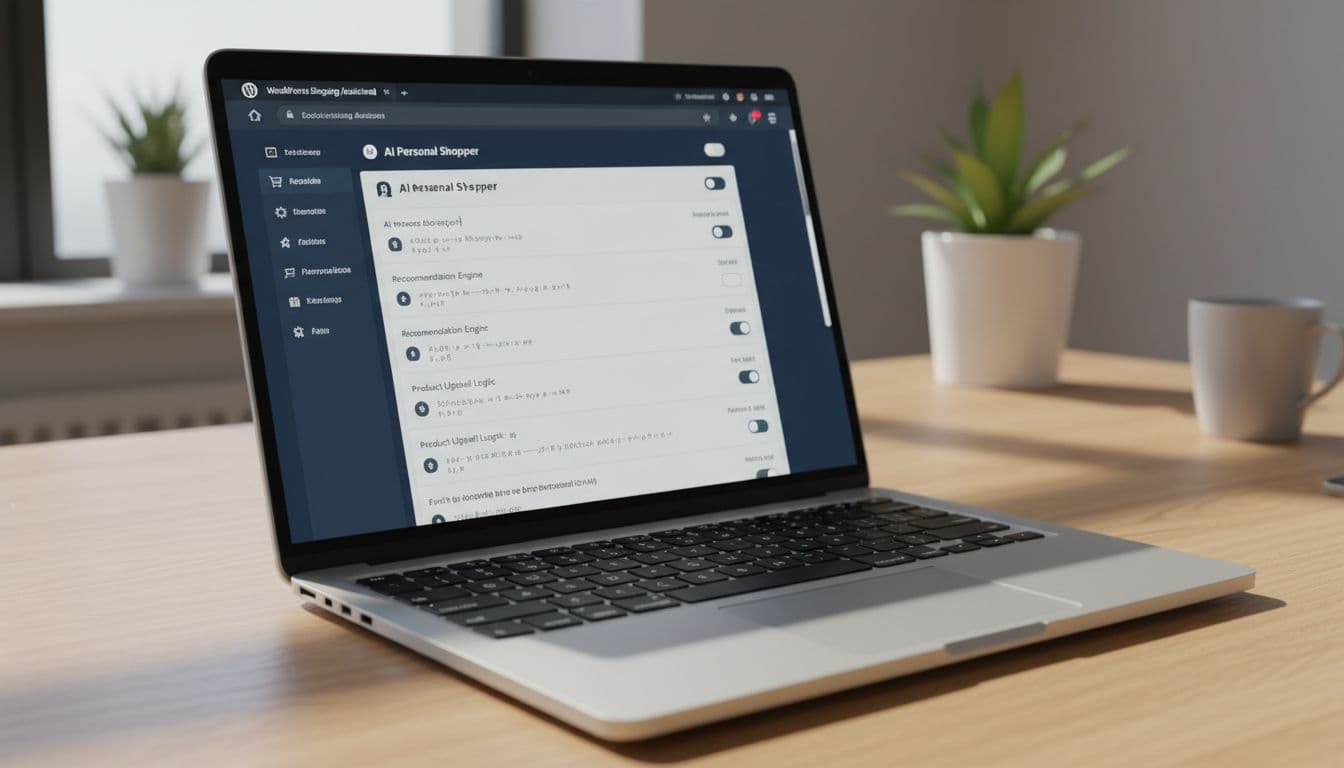 A realistic laptop screen on an office desk under natural light displays the WordPress backend interface for integrating an AI shopping guide plugin into a WooCommerce e-commerce site, showing the plugin settings screen without readable text, no people or extra devices.
