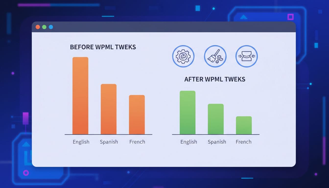 多國語系 WPML 的 WordPress 網站維護維運注意事項 Illustration of a website performance graph showing improved loading speeds for multilingual pages before and after WPML tweaks, with icons for caching, database cleanup, and image compression in modern flat design.