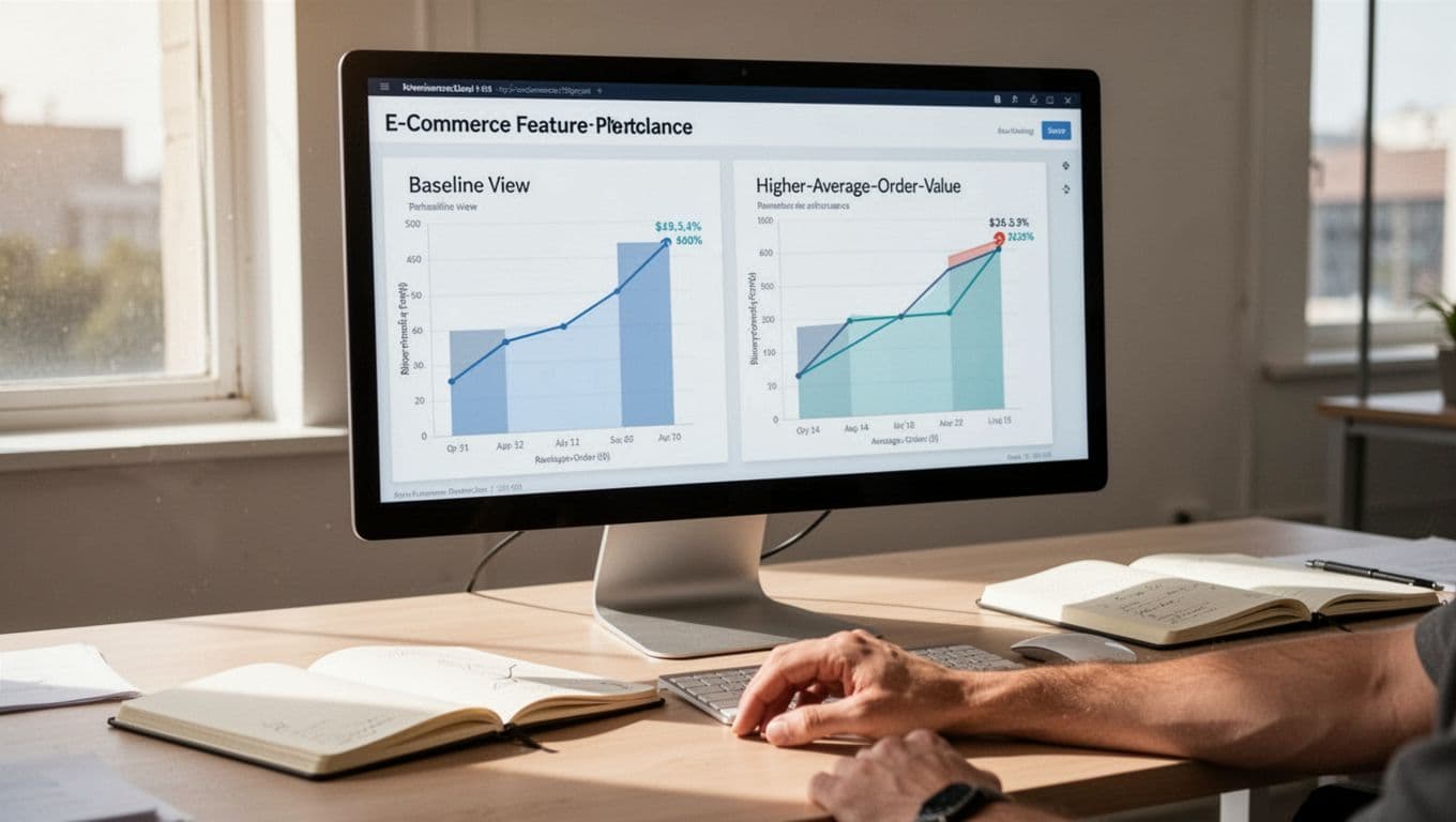 Professional desktop workspace with browser displaying comparison table of five YITH e-commerce features, split-screen before-and-after AOV increase charts, open notebook, daylight lighting, single relaxed hand near mouse, realistic rendering.